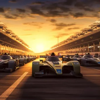 Motorsport racetrack at dawn with race cars - Image 1