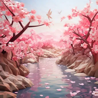 Low poly depiction of a cherry blossom feast with elegant branches and a tranquil pond - Image 2