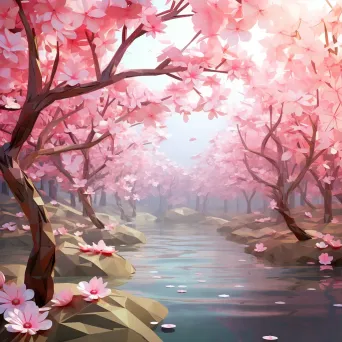 Low poly depiction of a cherry blossom feast with elegant branches and a tranquil pond - Image 3