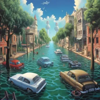 City flooded due to sea level rise with abandoned cars and homes - Image 2