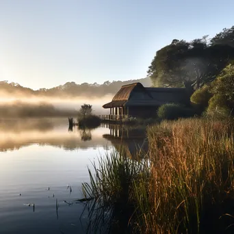 Thatched roof lodge reflecting on a calm lake at sunrise - Image 1