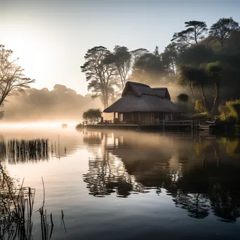 Thatched roof lodge reflecting on a calm lake at sunrise - Image 2