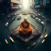 Image of meditating figure in a city intersection - Image 1