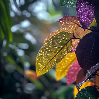 Close-up of patterned tropical leaves with raindrops - Image 1