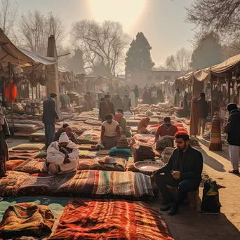 Vendors displaying handmade carpets at a market. - Image 1