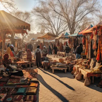 Vendors displaying handmade carpets at a market. - Image 3