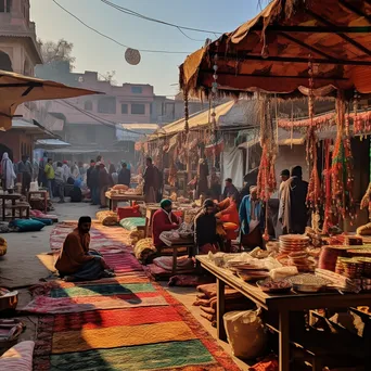 Vendors displaying handmade carpets at a market. - Image 4