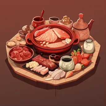 Chinese hotpot ingredients in low poly style, reflecting Tang Dynasty ceramics - Image 1