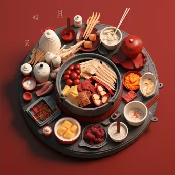 Chinese hotpot ingredients in low poly style, reflecting Tang Dynasty ceramics - Image 2