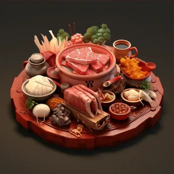 Chinese hotpot ingredients in low poly style, reflecting Tang Dynasty ceramics - Image 3