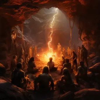 Early humans discovering fire around bright flame in cave - Image 3