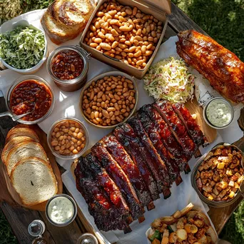 An overhead view of a picnic table filled with BBQ ribs and sides - Image 1