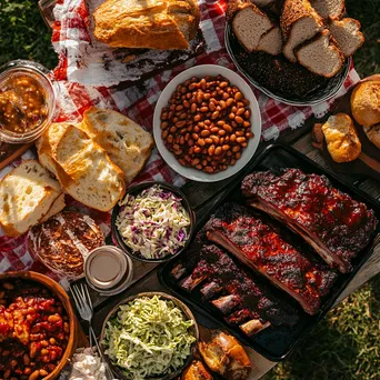 An overhead view of a picnic table filled with BBQ ribs and sides - Image 3