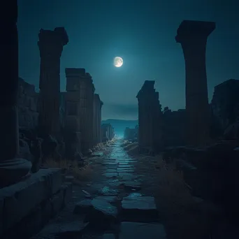 Narrow path through ancient ruins lit by moonlight - Image 1