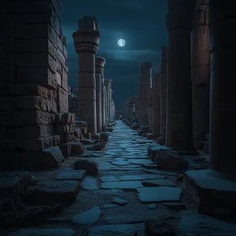 Narrow path through ancient ruins lit by moonlight - Image 2