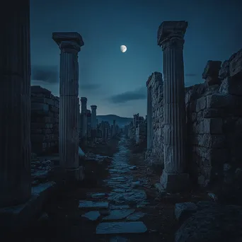 Narrow path through ancient ruins lit by moonlight - Image 3