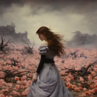 Artwork of a war-ravaged battlefield blossoming with floral beauty, signaling resilience and life - Image 4