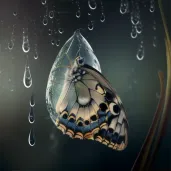 Artistic depiction of butterfly emerging from chrysalis with morning dew backdrop - Image 1