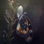 Artistic depiction of butterfly emerging from chrysalis with morning dew backdrop - Image 2