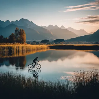 A cyclist riding near a lake with mountain reflections during sunset. - Image 1