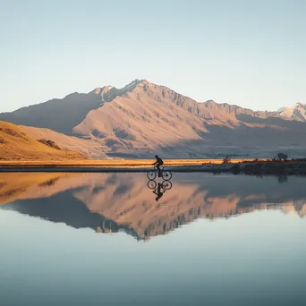 A cyclist riding near a lake with mountain reflections during sunset. - Image 2