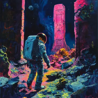 Surreal artwork of an astronaut exploring ancient ruins on a distant planet - Image 3