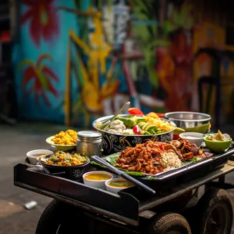 Street cart with spicy curry served over rice against street art. - Image 1