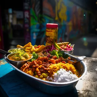 Street cart with spicy curry served over rice against street art. - Image 2