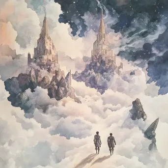 Ink and gouache painting of two adventurers finding a lost city in the clouds - Image 1