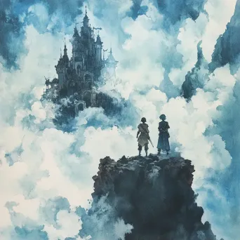 Ink and gouache painting of two adventurers finding a lost city in the clouds - Image 2