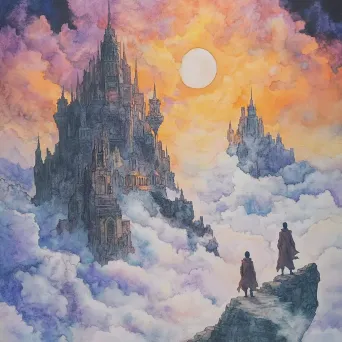 Ink and gouache painting of two adventurers finding a lost city in the clouds - Image 4