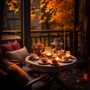 Candles glowing on a table surrounded by autumn leaves in warm light - Image 1