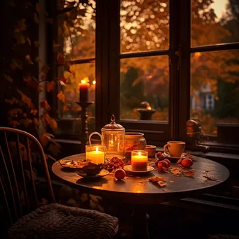 Candles glowing on a table surrounded by autumn leaves in warm light - Image 2