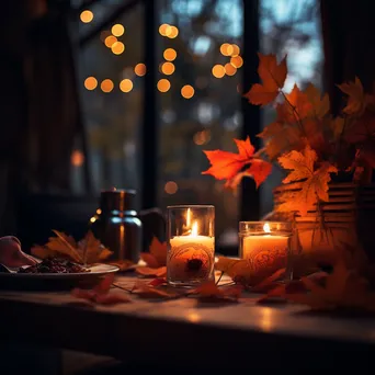 Candles glowing on a table surrounded by autumn leaves in warm light - Image 3