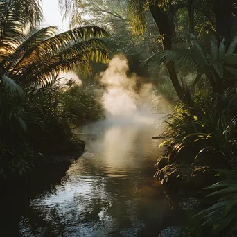 A natural thermal spring in a lush green setting with steam in the morning light. - Image 1