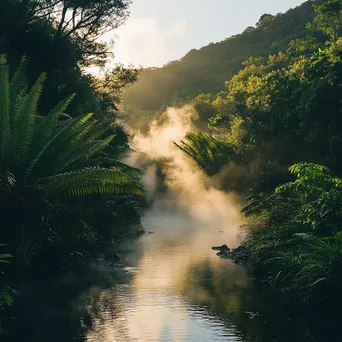 A natural thermal spring in a lush green setting with steam in the morning light. - Image 3