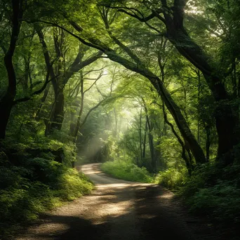 Narrow woodland path with sunlight filtering through leaves - Image 1