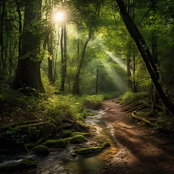 Narrow woodland path with sunlight filtering through leaves - Image 2