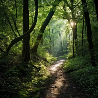 Narrow woodland path with sunlight filtering through leaves - Image 3