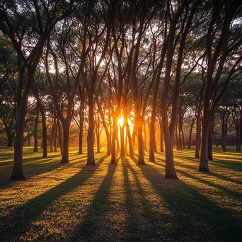 Sunset rays shining through a grove of trees - Image 1