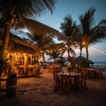 Beachfront restaurant with candle-lit tables at dusk - Image 1