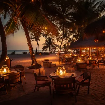 Beachfront restaurant with candle-lit tables at dusk - Image 2