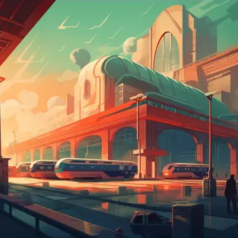 Image of a retro-futuristic train station with sleek trains and art deco architecture - Image 3