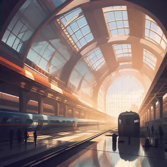 Image of a retro-futuristic train station with sleek trains and art deco architecture - Image 4