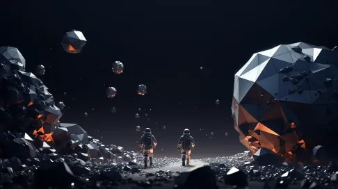 Low poly astronauts navigating through an asteroid belt with a Film Noir-influenced atmosphere - Image 1