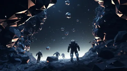 Low poly astronauts navigating through an asteroid belt with a Film Noir-influenced atmosphere - Image 2