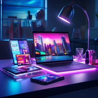 Modern desk with laptop, tablet, and office supplies under LED lights - Image 3