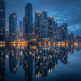 City waterfront promenade with buildings reflecting in calm waters and shimmering lights at night - Image 3