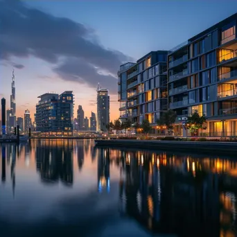 City waterfront promenade with buildings reflecting in calm waters and shimmering lights at night - Image 4