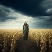 Lonely scarecrow standing in an empty cornfield under a cloudy sky in an image generated by a prompt. - Image 3